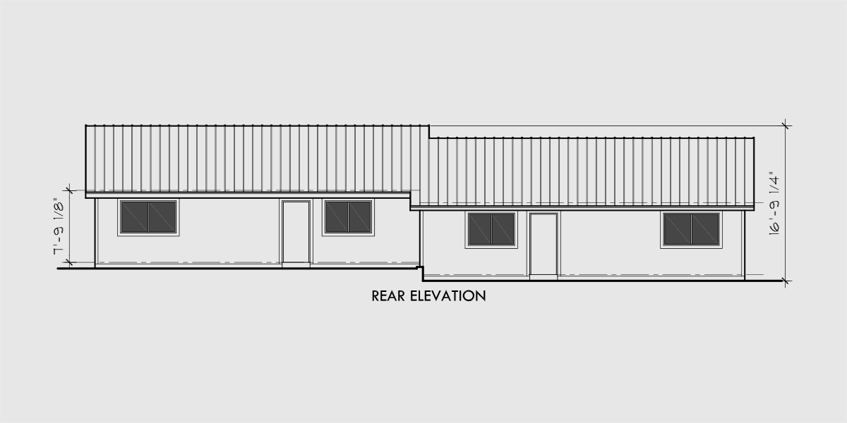 House front drawing elevation view for D-410 Single level duplex house plans, 2 bedroom duplex with garage, D-410