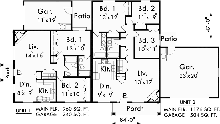Main Floor Plan for D-497 Single story  duplex house plans, corner lot duplex house plans, duplex house plans with garage, corner lot duplex floor plans, D-497