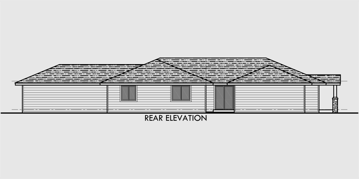 House rear elevation view for D-497 Single story  duplex house plans, corner lot duplex house plans, duplex house plans with garage, corner lot duplex floor plans, D-497