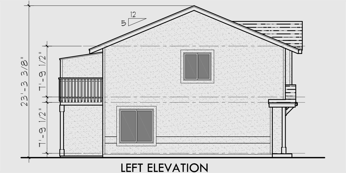 House side elevation view for D-494 Duplex house plans, narrow lot duplex house plans, small duplex house plans, two story duplex house plans, D-494