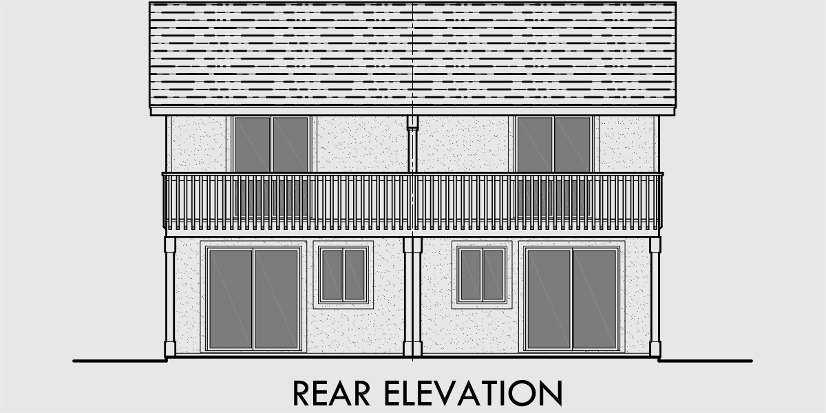 House front drawing elevation view for D-494 Duplex house plans, narrow lot duplex house plans, small duplex house plans, two story duplex house plans, D-494