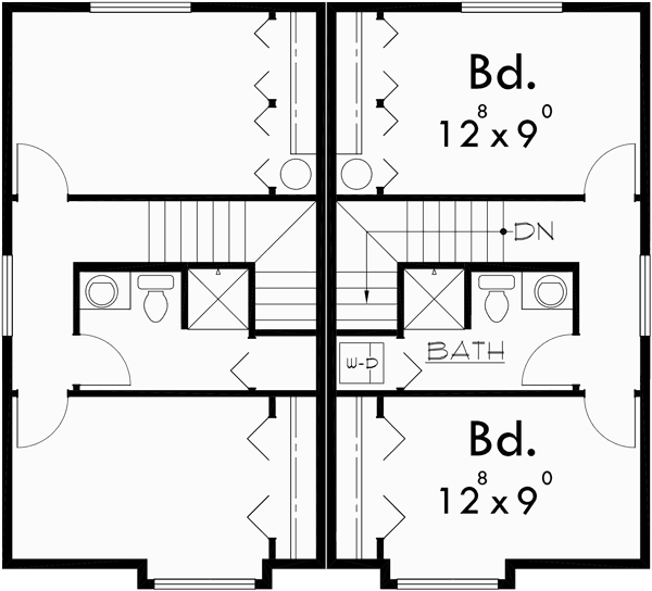 Upper Floor Plan for D-406 Duplex house plans, narrow lot duplex house plans, craftsman duplex house plans, small duplex house plans, D-406