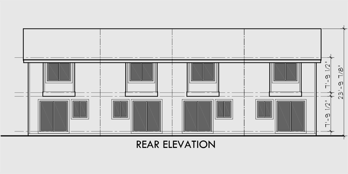 House front drawing elevation view for F-536 4 plex  plans, 2 story townhouse, 2 bedroom 4 plex plans, 16 ft wide house plans, F-536