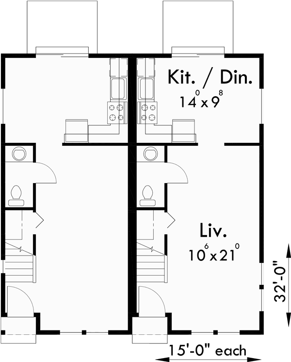 Main Floor Plan for D-341 Duplex house plans, small duplex house plans, narrow  duplex house plans, affordable duplex floor plans, D-341