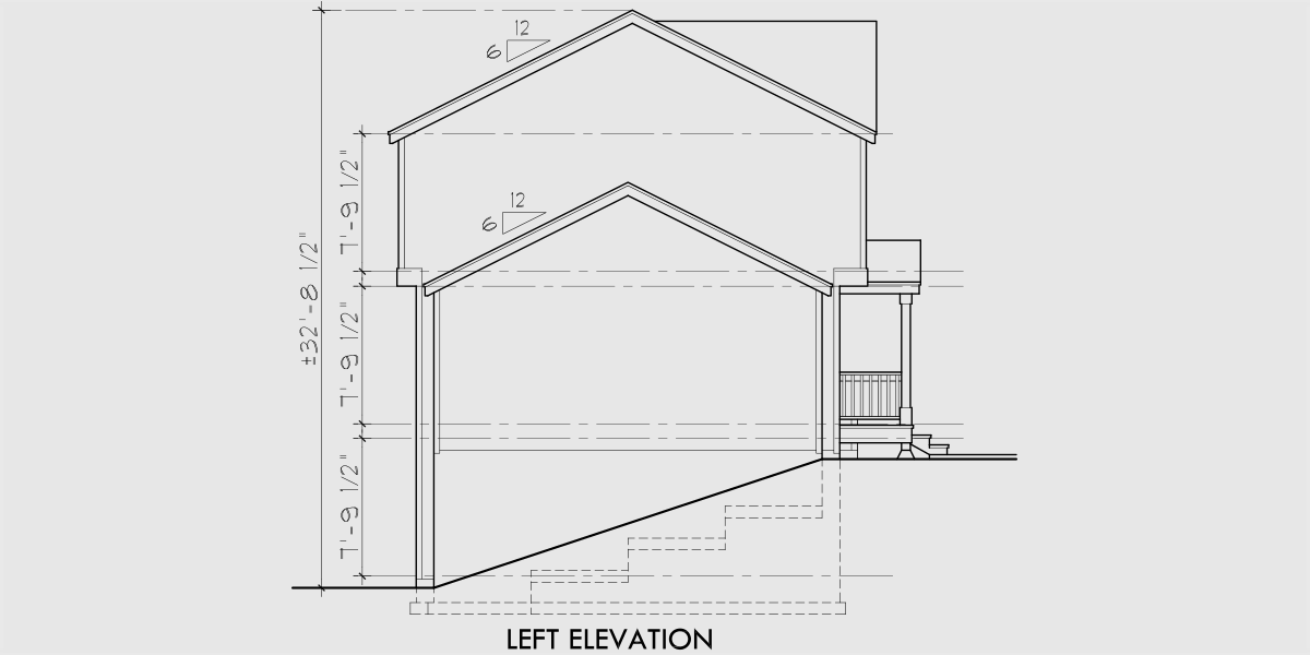 House side elevation view for D-435 Duplex house plans with basement, 2 bedroom duplex plans, sloping lot duplex plans, duplex plans with 2 car garage, D-435