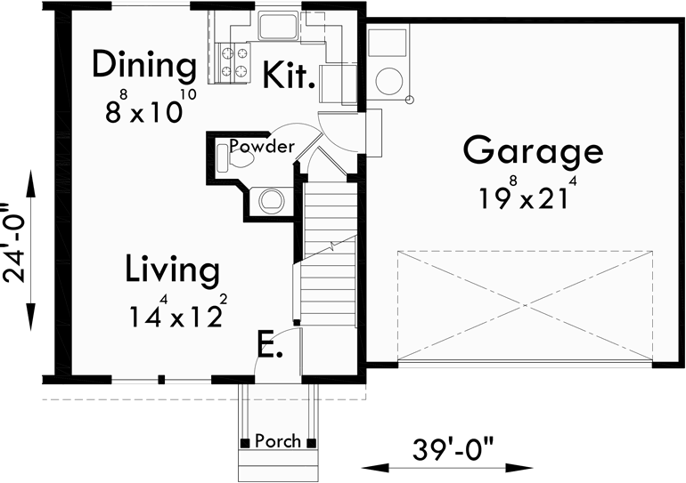 Main Floor Plan for D-435 Duplex house plans with basement, 2 bedroom duplex plans, sloping lot duplex plans, duplex plans with 2 car garage, D-435