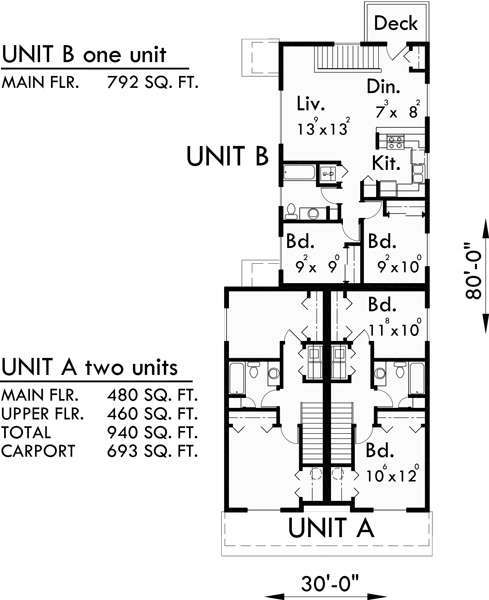 Upper Floor Plan for T-390 Triplex house plans, triplex house plans with carports, T-390