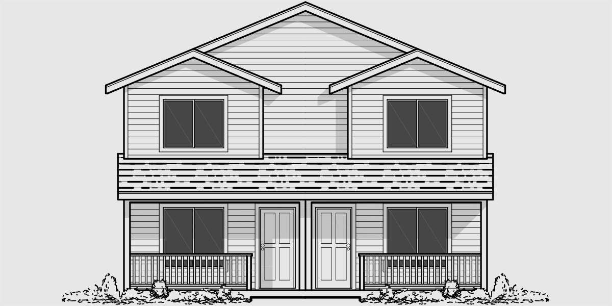 House front drawing elevation view for T-390 Triplex house plans, triplex house plans with carports, T-390