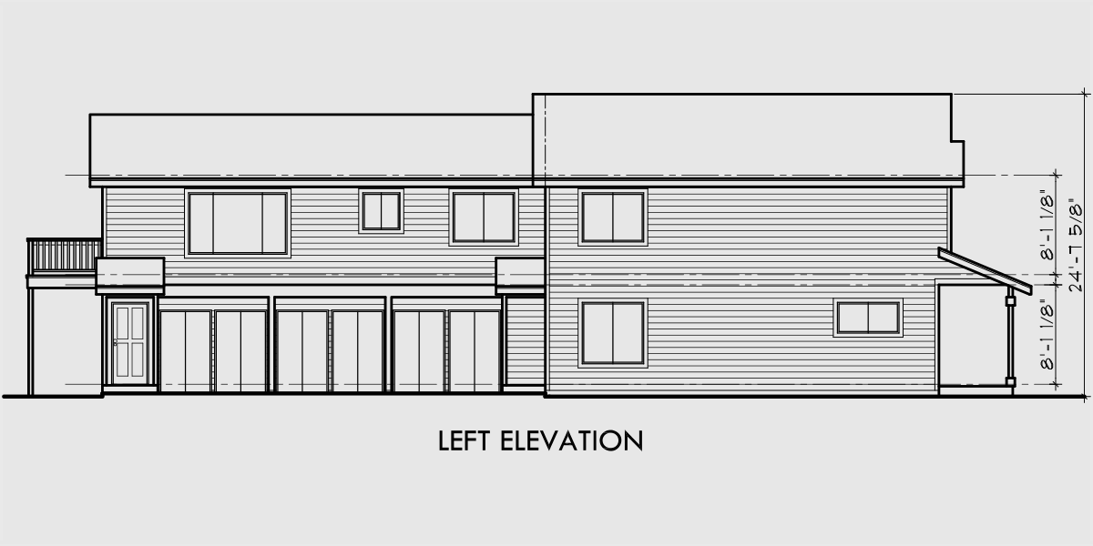 House side elevation view for T-390 Triplex house plans, triplex house plans with carports, T-390