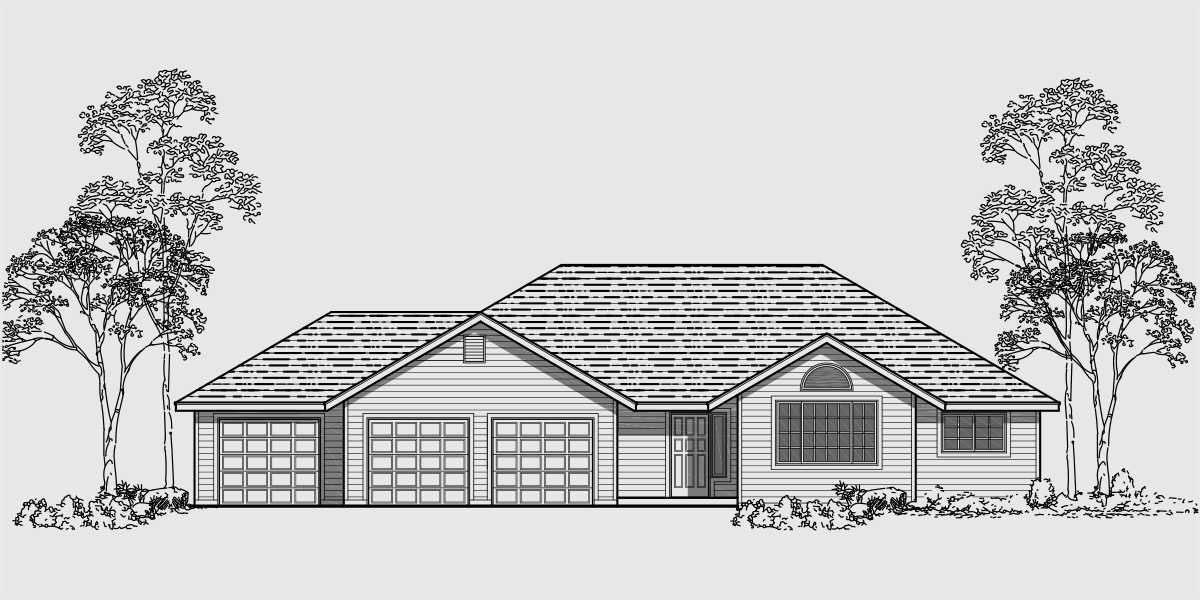 House side elevation view for 10003 One story house plans, 3 car garage house plans, 3 bedroom house plans, 10003