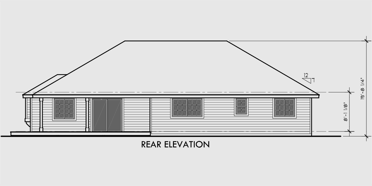 House front drawing elevation view for 9951 Single level house plans, 3 bedroom house plans, 9951