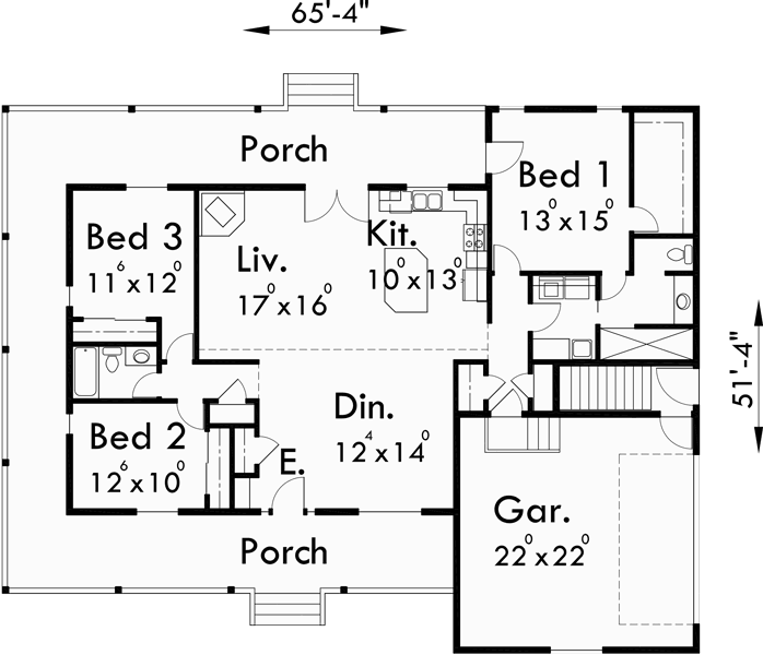 Main Floor Plan for 10027 One level house plans, house plans with basements, side load garage house plans, wrap around porch house plans, country house plans, 10027