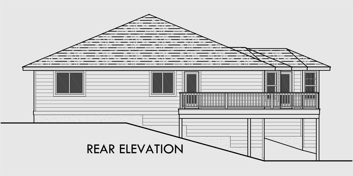 House rear elevation view for 10018 Side Sloping Lot House Plans, walkout basement house plans, 10018