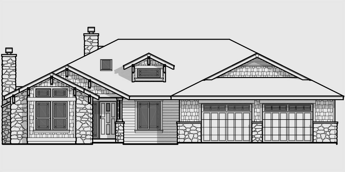 House side elevation view for 9943 Good Looking One Level Ranch Home plans 3 bedroom over sized 2 car garage vaulted ceilings