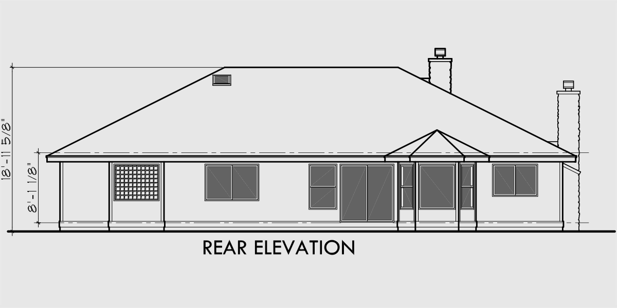 House front drawing elevation view for 9943 Good Looking One Level Ranch Home plans 3 bedroom over sized 2 car garage vaulted ceilings