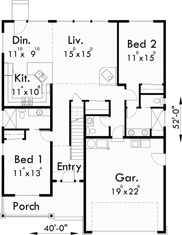 40 Ft Wide Narrow Lot House Plan W Master On The Main Floor 