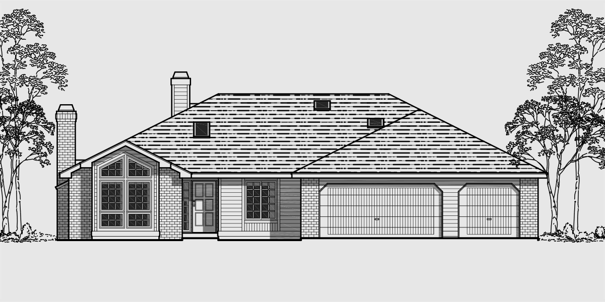 House front drawing elevation view for 10024 Single level house plans, empty nester house plans, house plans with 3 car garage, 10024