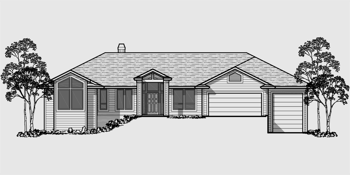 House front drawing elevation view for 10072 Custom Ranch house plan w/ daylight Basement and RV Garage