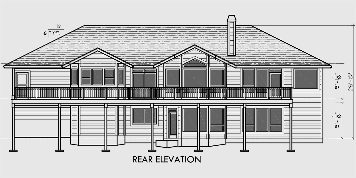 House side elevation view for 10072 Custom Ranch house plan w/ daylight Basement and RV Garage