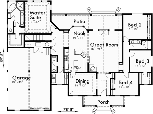 Main Floor Plan for 10088 Colonial house plans, single level house plans, house plans with bonus room, one story house plans, house plans with side garage, corner lot house plans, 10088