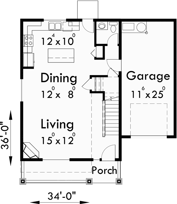 Main Floor Plan for 10094 Narrow lot house plans, small lot house plans, 3 bedroom house plans, 10094
