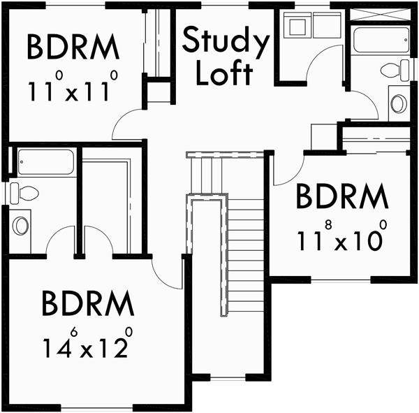 Upper Floor Plan for 10094 Narrow lot house plans, small lot house plans, 3 bedroom house plans, 10094
