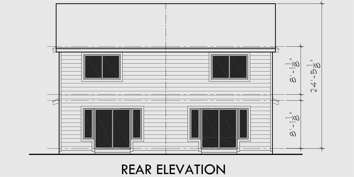 House front drawing elevation view for D-370 Two story duplex house plans, 2 bedroom duplex house plans, townhouse plans, small duplex house plans, D-370