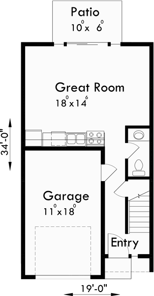 Main Floor Plan for T-393 Triplex 2 Bedroom, 1 Car Garage, Great Room