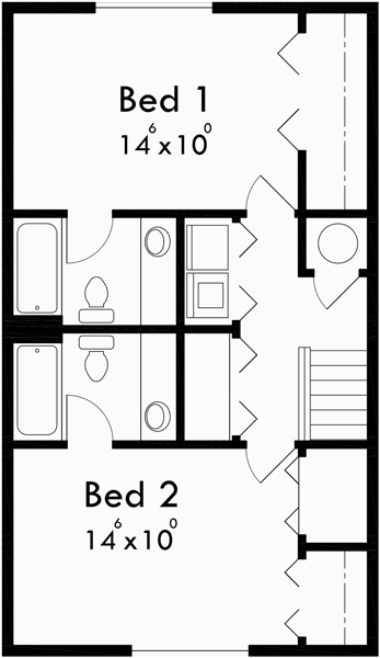 Upper Floor Plan for T-393 Triplex 2 Bedroom, 1 Car Garage, Great Room