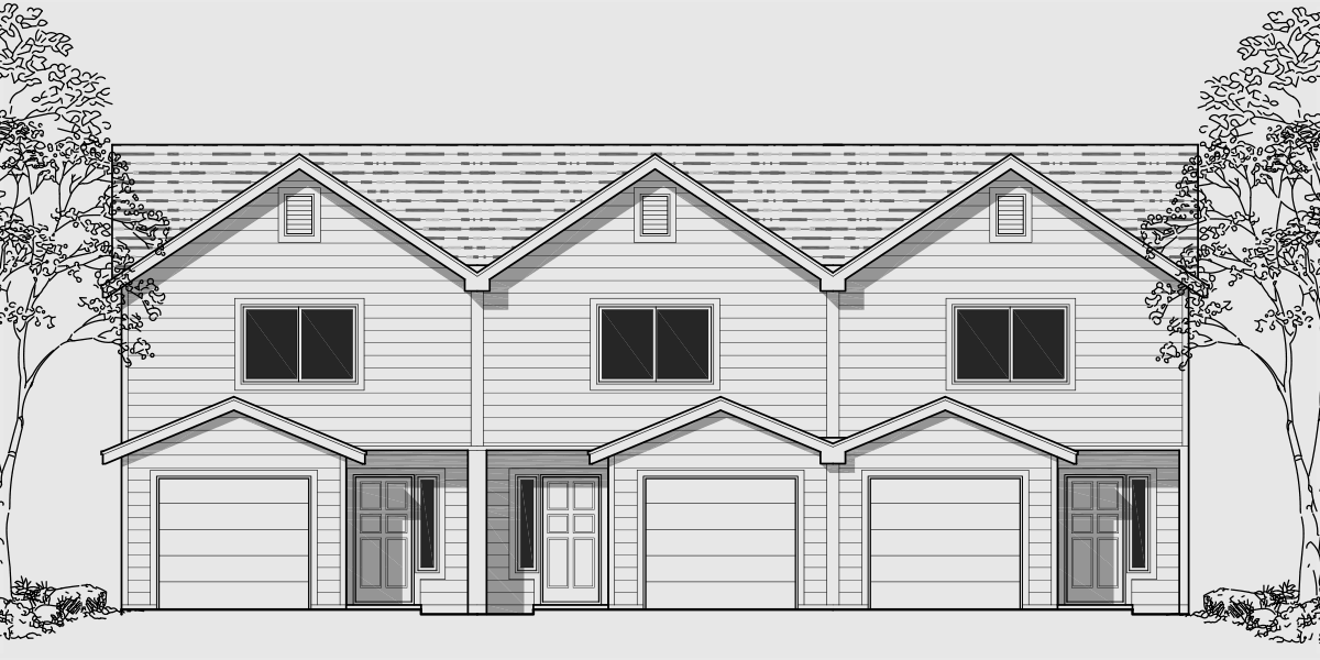 House front color elevation view for T-393 Triplex 2 Bedroom, 1 Car Garage, Great Room