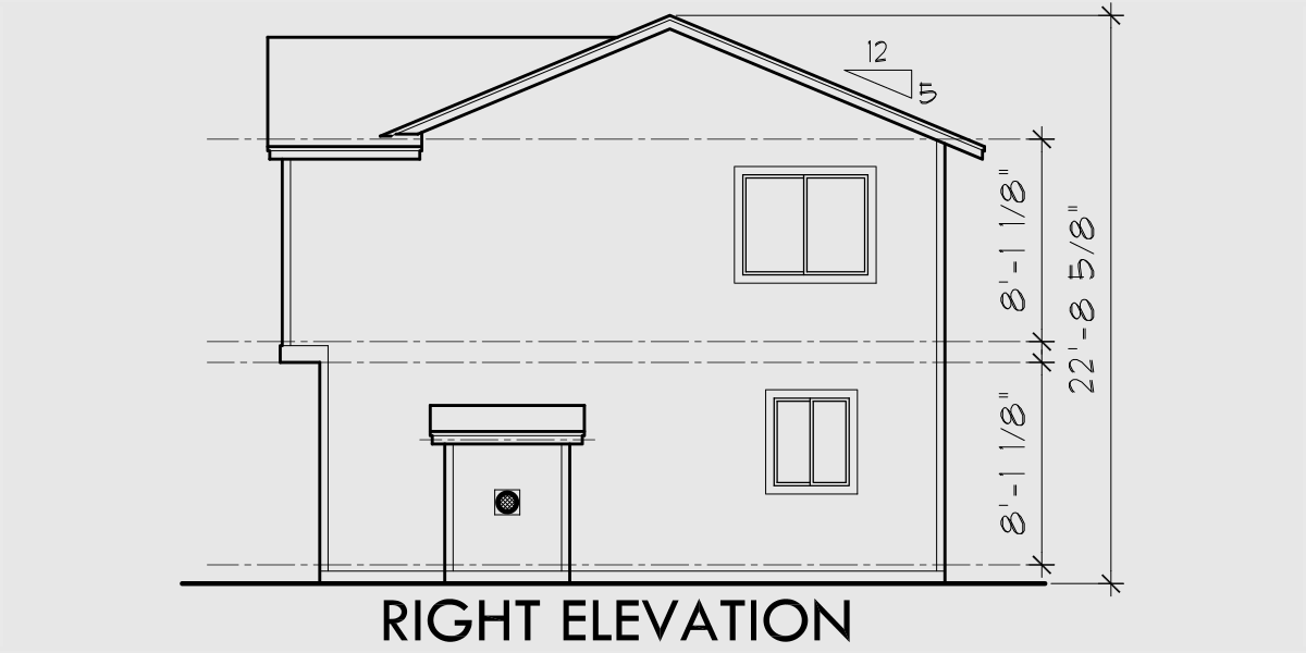 House front drawing elevation view for D-412 Duplex house plans, 2 story duplex plans, 2 bedroom duplex plans, duplex plans with garage, D-412
