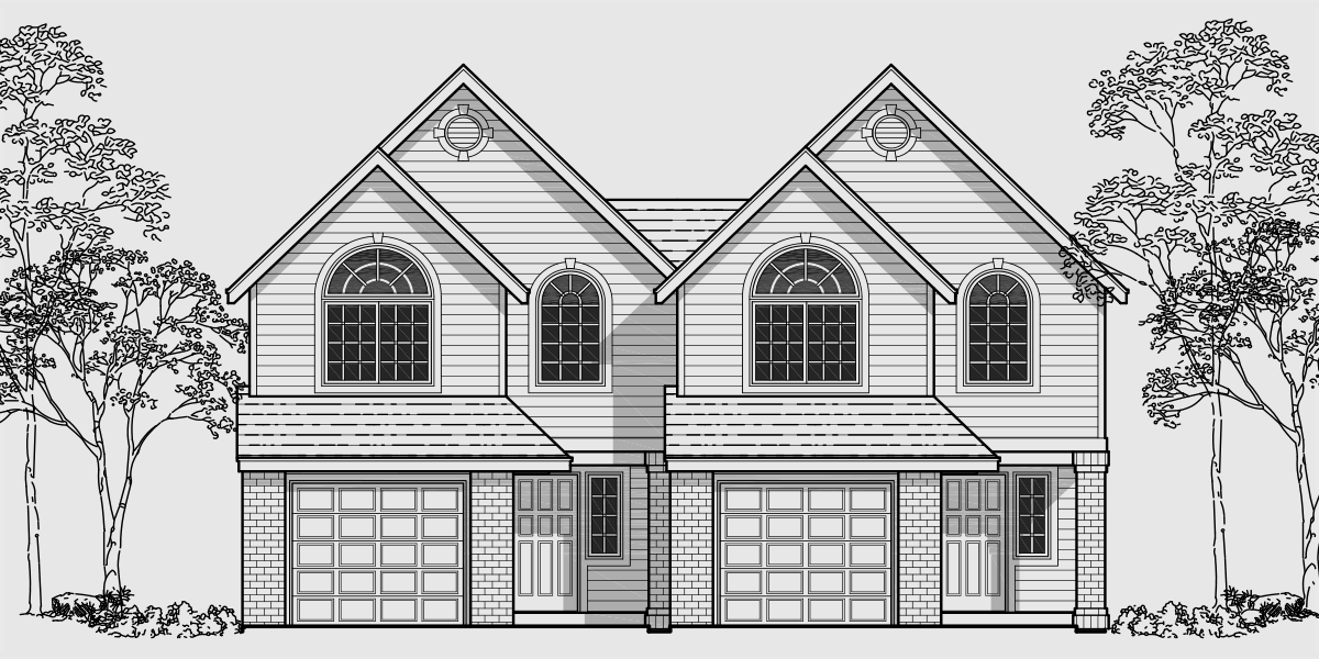 House front color elevation view for D325 Two story duplex house plans, 2 bedroom duplex house plans, duplex house plans with garage, house plans with two master suites, D-325