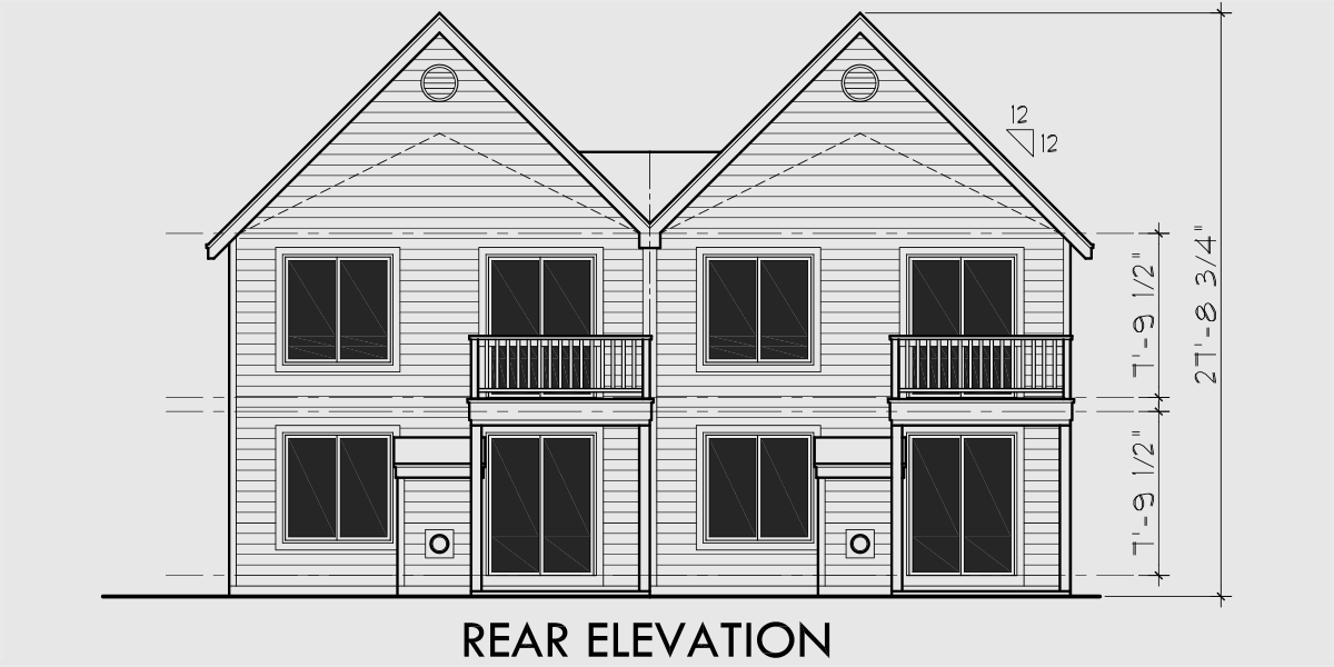 House front drawing elevation view for D325 Two story duplex house plans, 2 bedroom duplex house plans, duplex house plans with garage, house plans with two master suites, D-325