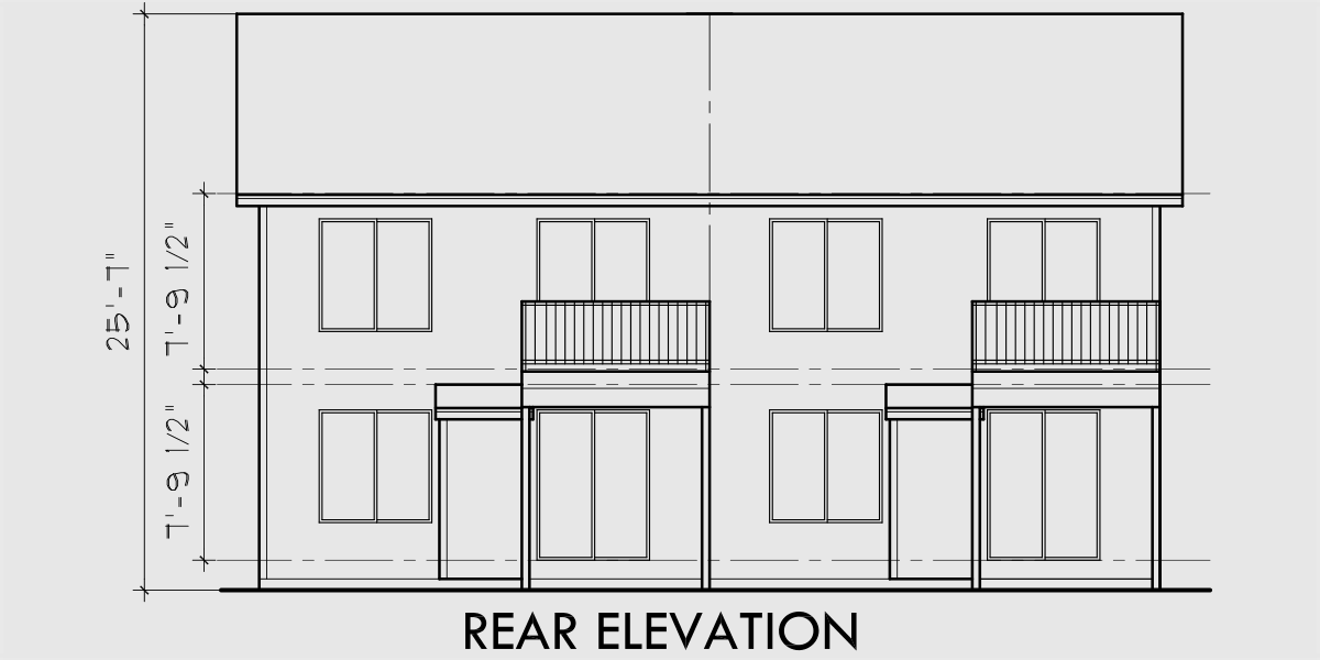 House front drawing elevation view for D-361 3 bedroom duplex house plans, 2 story duplex plans, duplex plans with garage, row house plans, D-361