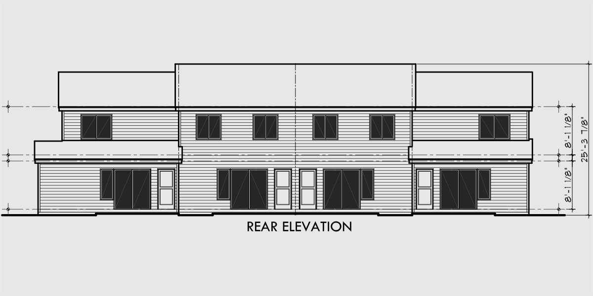 House front drawing elevation view for F-535 Fourplex house plans, 2 story townhouse, 2 and 3 bedroom 4 plex plans, F-535
