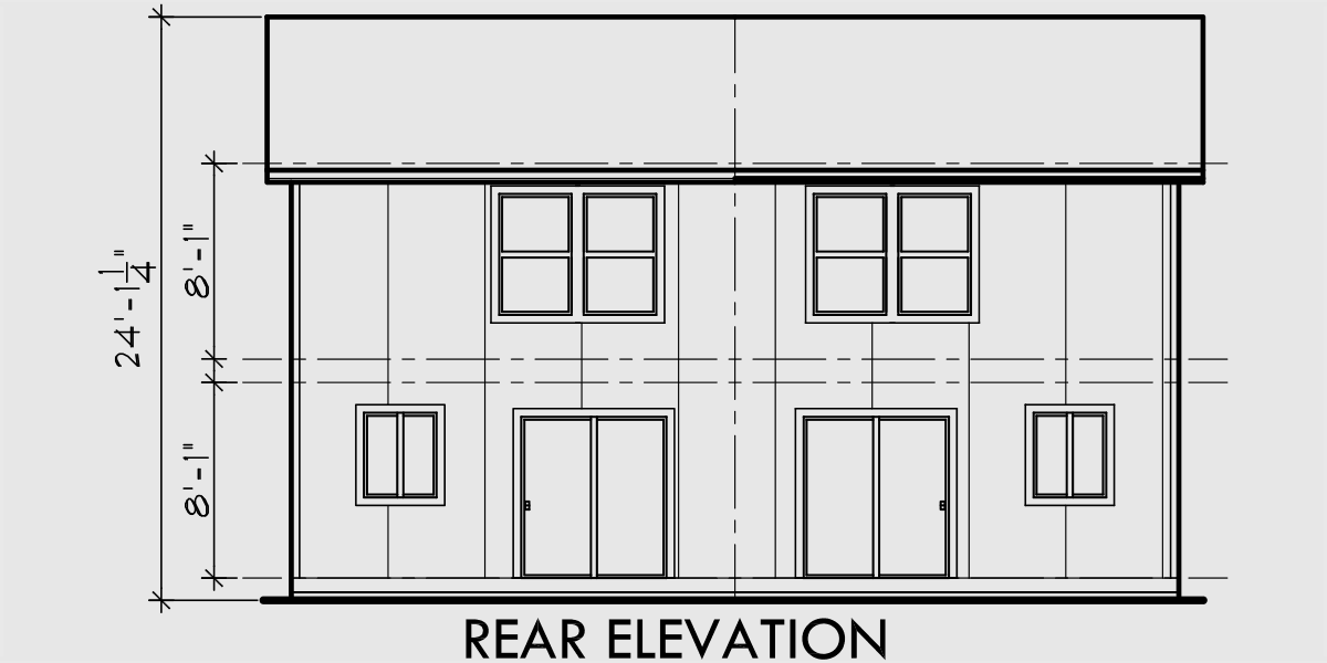 House side elevation view for D-358 Duplex house plans, narrow duplex house plans, 3 bedroom duplex house plans, D-358