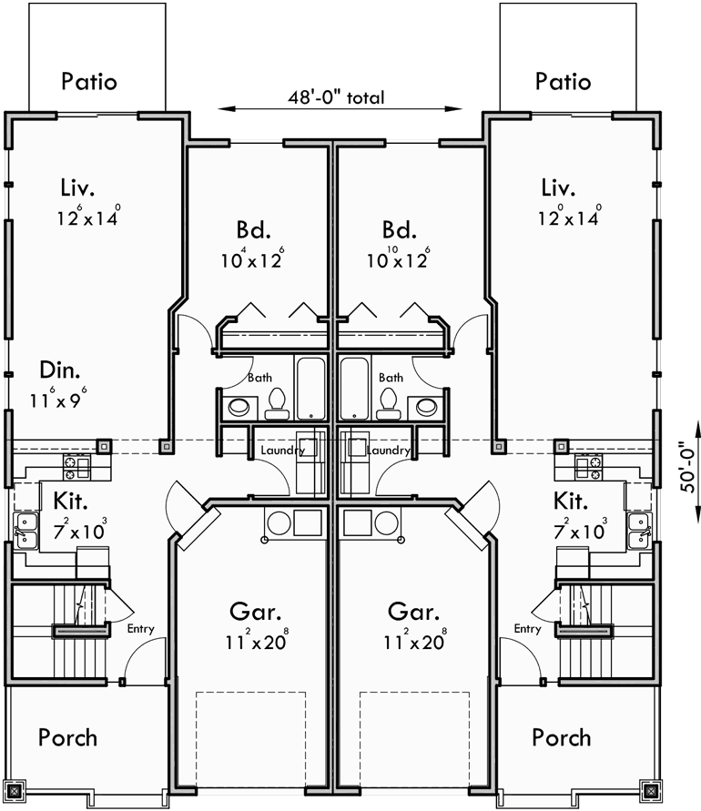 Main Floor Plan for D-447 Craftsman duplex house plans, bungalow duplex house plans, master on the main floor plans, D-447
