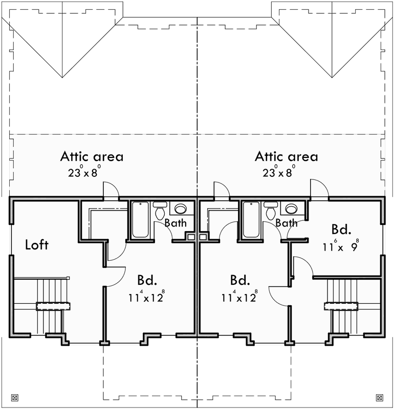 Upper Floor Plan for D-447 Craftsman duplex house plans, bungalow duplex house plans, master on the main floor plans, D-447