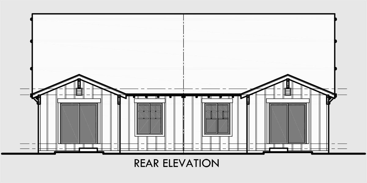 House rear elevation view for D-447 Craftsman duplex house plans, bungalow duplex house plans, master on the main floor plans, D-447