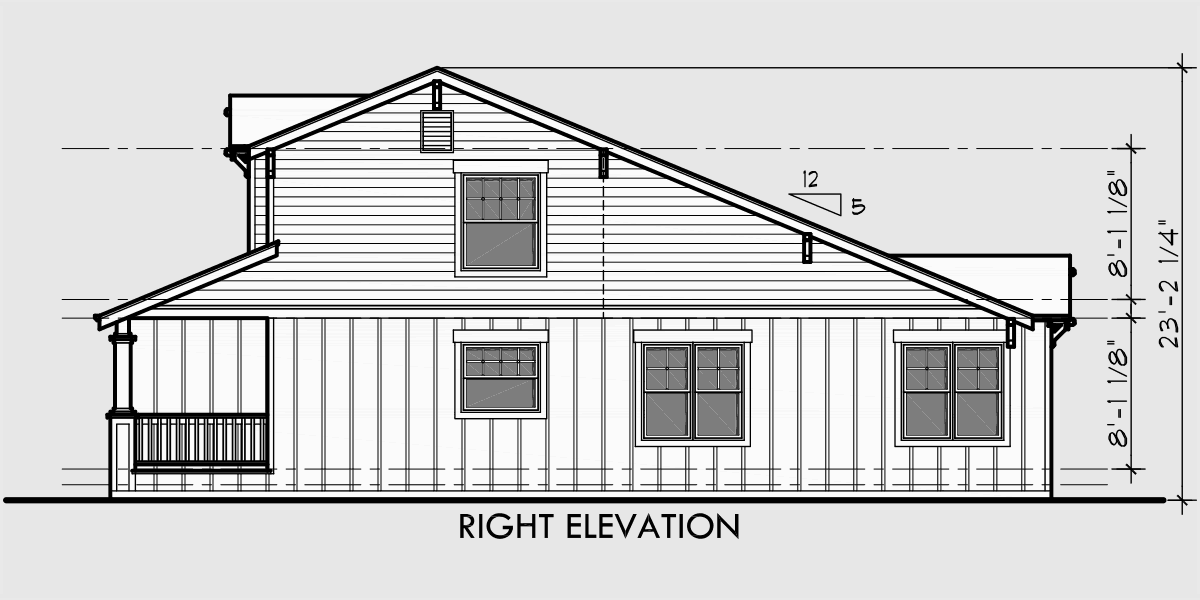 House side elevation view for D-447 Craftsman duplex house plans, bungalow duplex house plans, master on the main floor plans, D-447