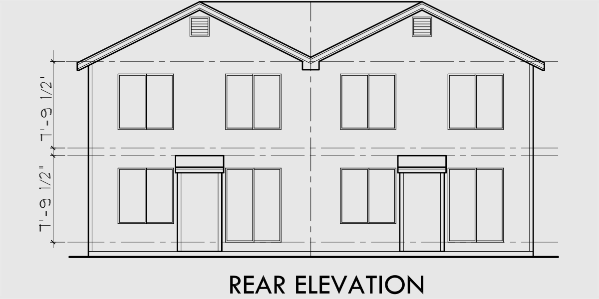 House front drawing elevation view for D-318 Two story duplex house plans, 4 bedroom duplex plans, duplex plans with garage, narrow duplex plans, D-318