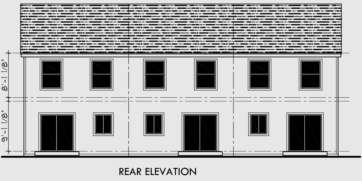 House front drawing elevation view for T-391 Triplex house plans, small townhouse plans, triplex house plans with garage, T-391
