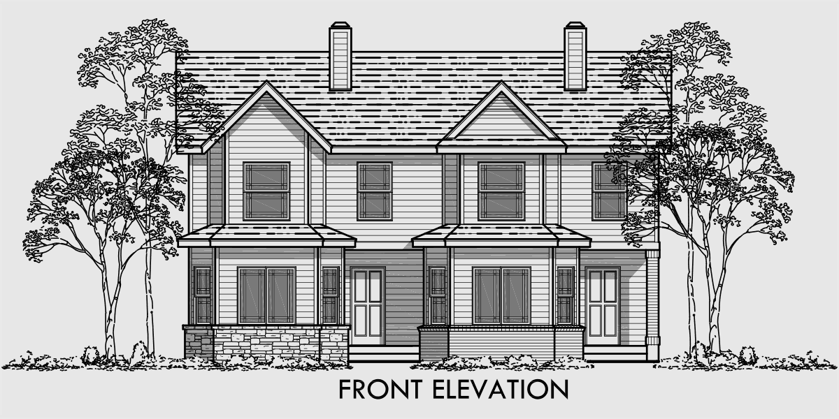 House side elevation view for D-480 Duplex house plans, 2 story duplex house plans, house plans with rear garages, D-480