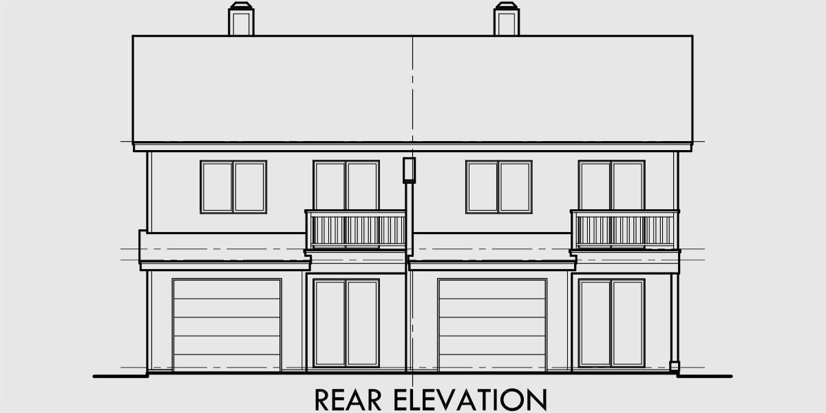 House front drawing elevation view for D-480 Duplex house plans, 2 story duplex house plans, house plans with rear garages, D-480