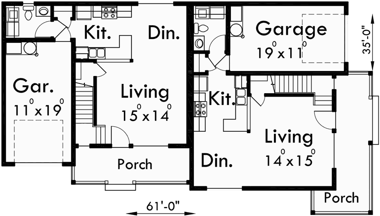 Main Floor Plan for D-505 Corner lot duplex house plans, 3 bedroom duplex house plans, 2 story duplex house plans, D-505