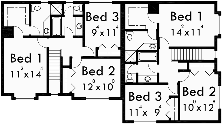 Upper Floor Plan for D-505 Corner lot duplex house plans, 3 bedroom duplex house plans, 2 story duplex house plans, D-505