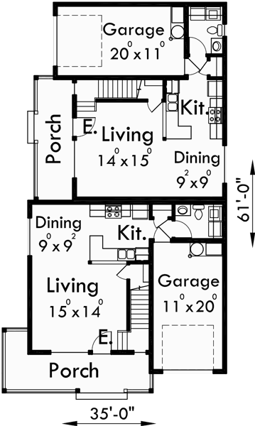 Main Floor Plan for D-479 Corner lot duplex house plans, craftsman duplex house plans, duplex house plans for sloping lot, D-479