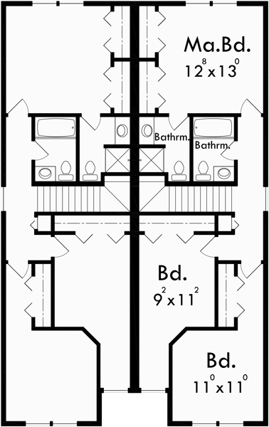 Upper Floor Plan for D-430 Narrow lot duplex house plans, 3 bedroom duplex house plans, 2 story duplex house plans,  D-430