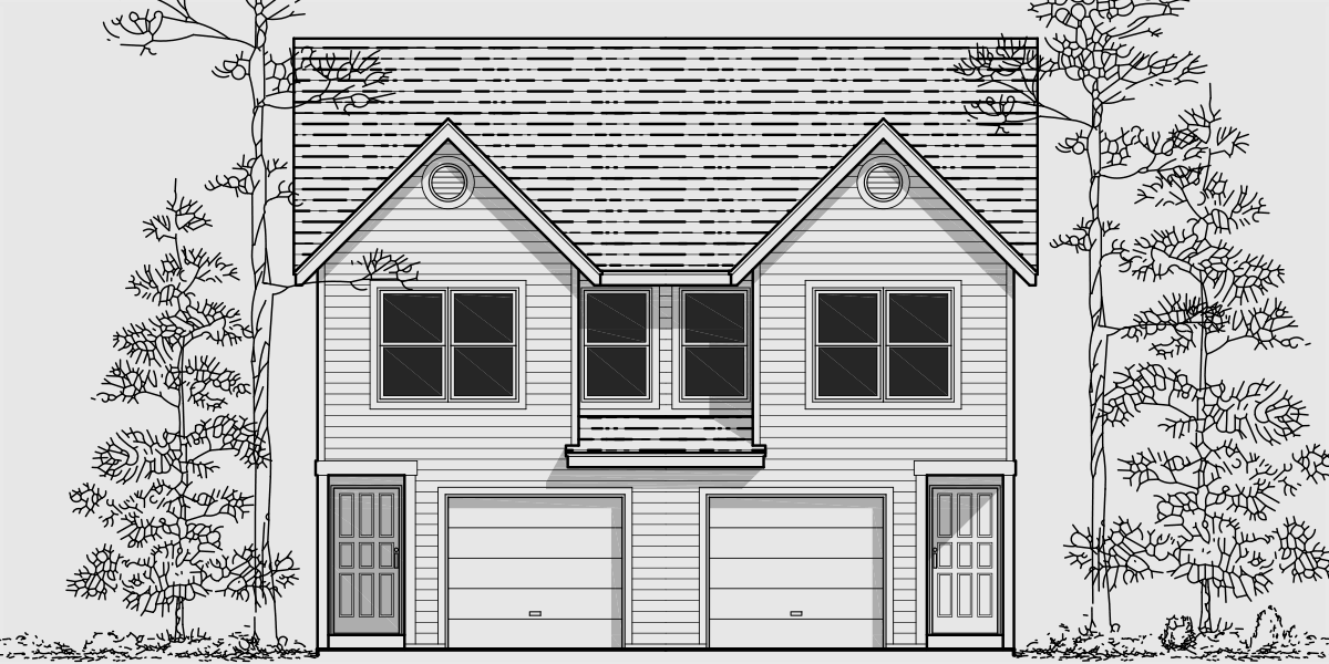 House front drawing elevation view for D-430 Narrow lot duplex house plans, 3 bedroom duplex house plans, 2 story duplex house plans,  D-430