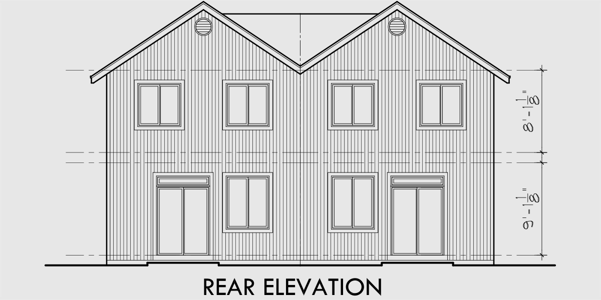 House front drawing elevation view for D507 Narrow lot duplex house plans, two story duplex house plans, 3 bedroom duplex house plans, D-507